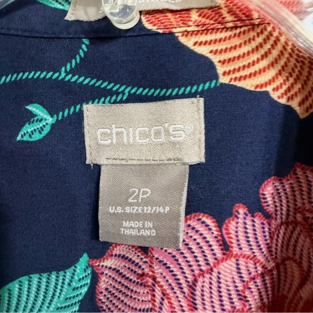 Chico's No Iron Floral Crisp Cotton Button Up Shirt L Petite Blue Bold Colorful - Picture 6 of 7